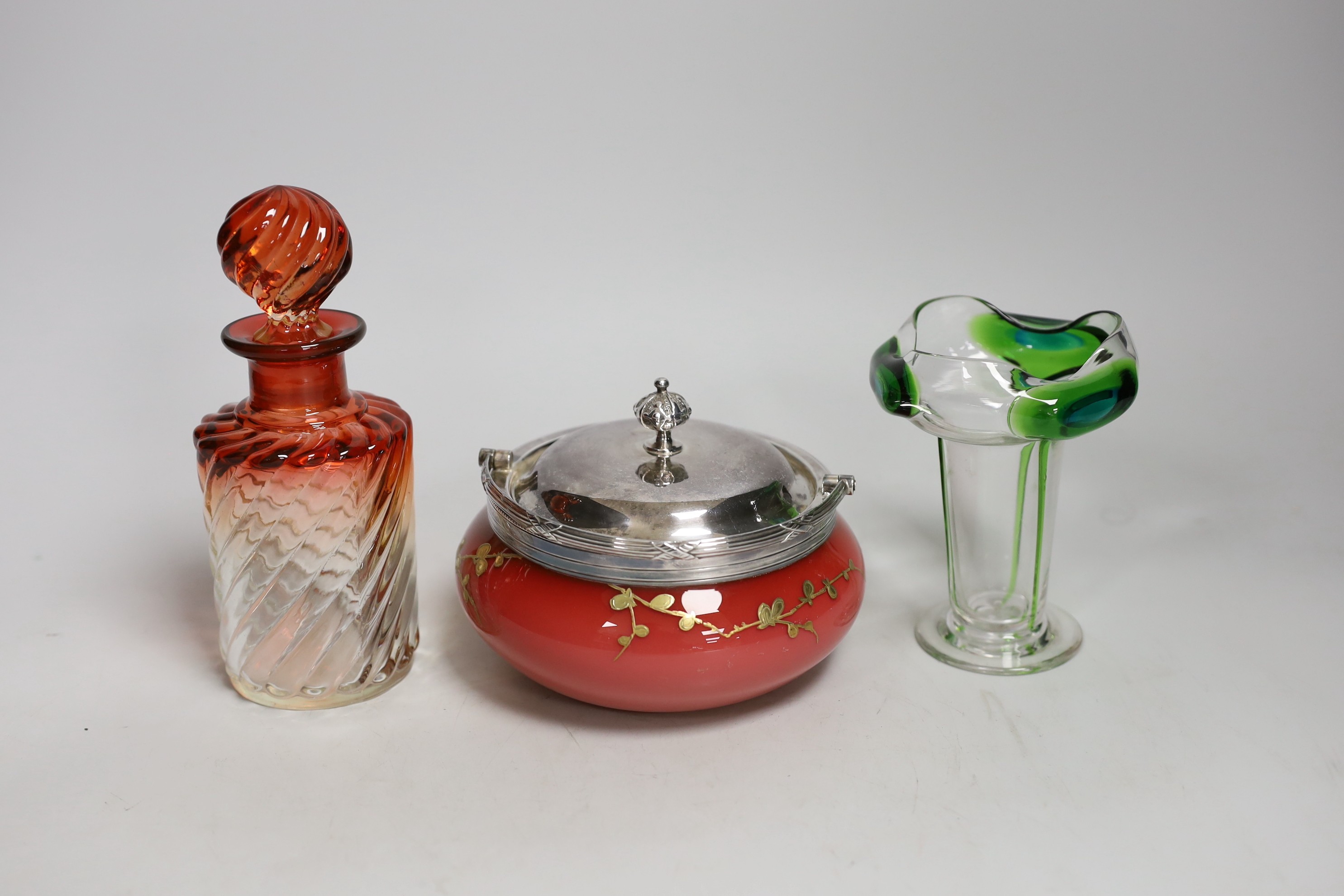 An Art Nouveau Stuart glass vase and gilded and coloured glass powder bowl, and a ruby tinted glass scent bottle and stopper. Tallest 16cm